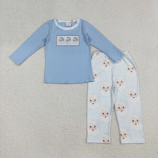 BLP0505 Santa Embroidery Top Blue Pants Boys Christmas Clothes Set