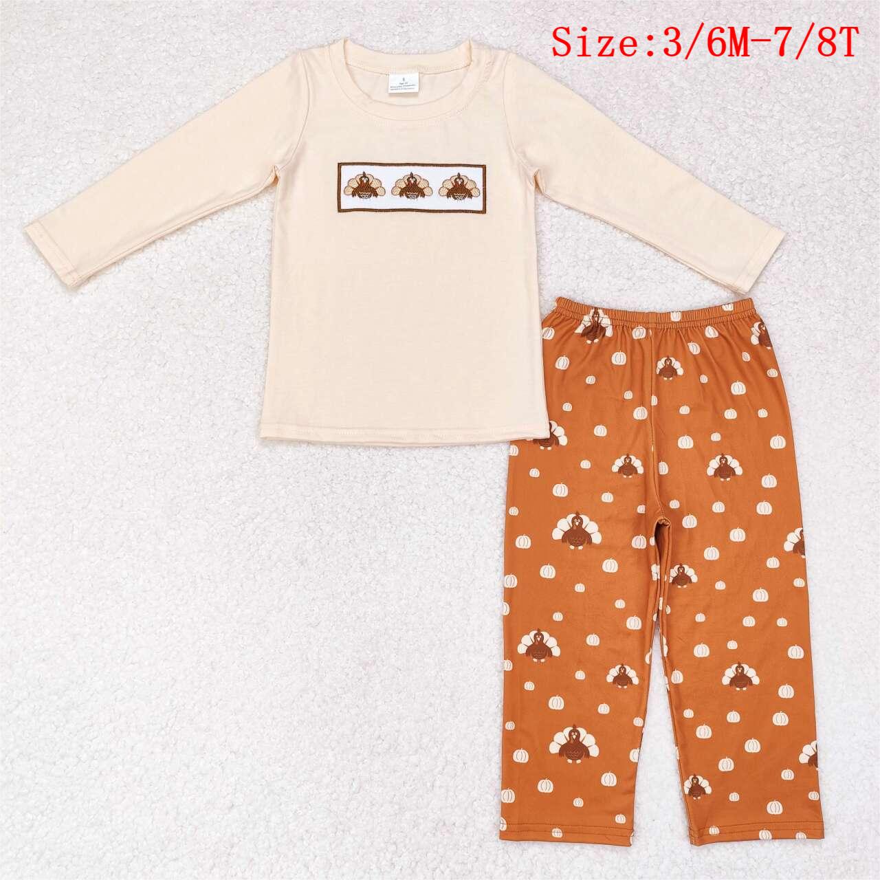 BLP0542 Turkey Embroidery Top Pumpkin Pants Boys Thanksgiving Clothes Set