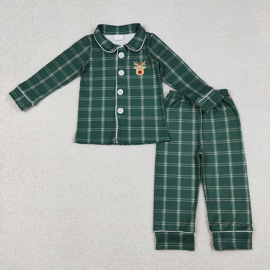BLP0545 Deer Embroidery Green Checkered Print Boys Christmas Buttons Pajamas Clothes Set