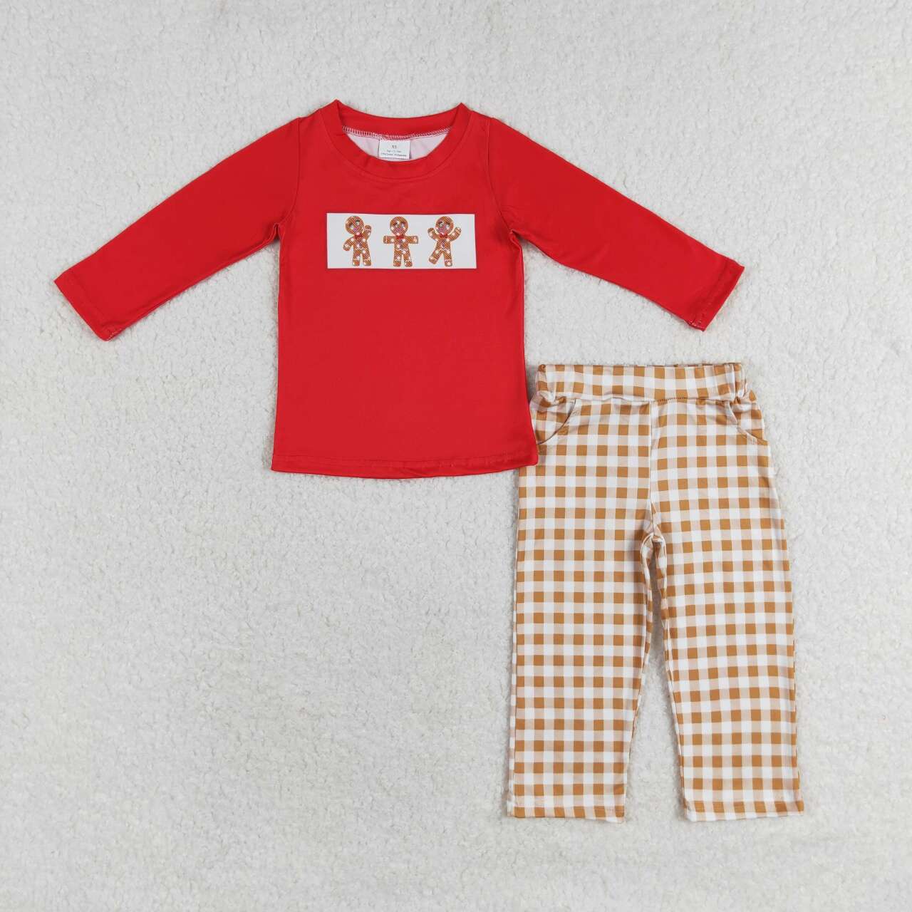 BLP0552 Gingerbread Red Top Checkered Pants Boys Christmas Clothes Set