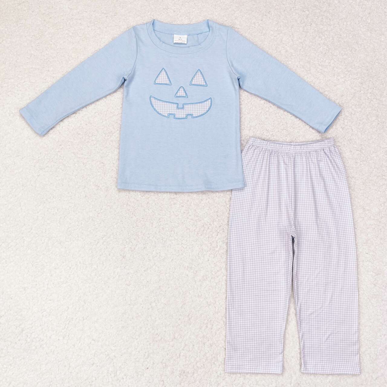 BLP0562 Smiling Face Embroidery Blue Top Checkered Pants Boys Halloween Clothes Set