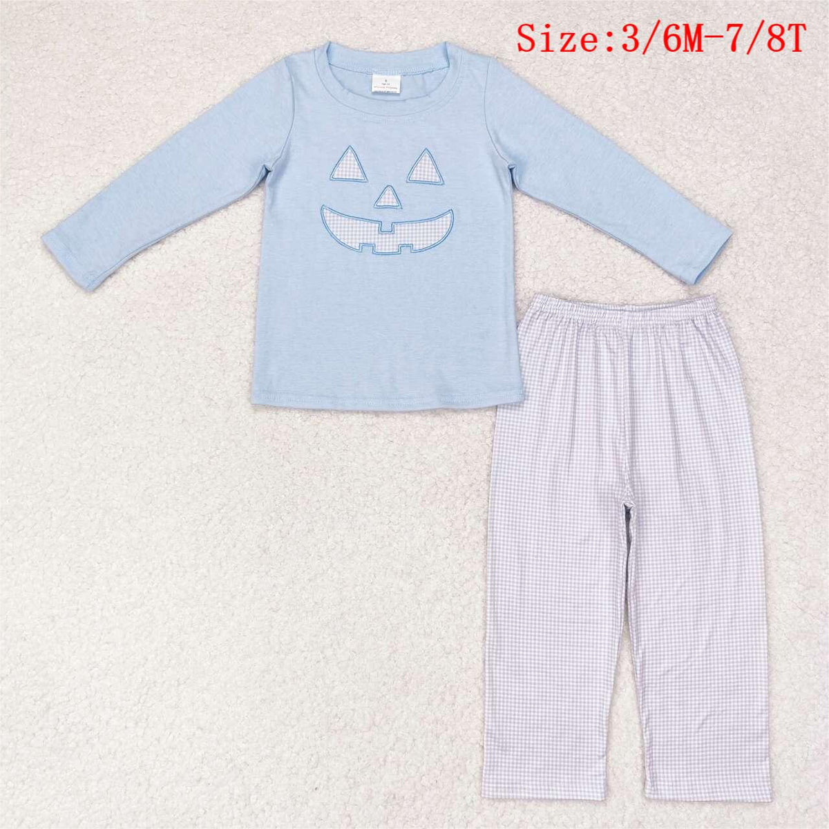 BLP0562 Smiling Face Embroidery Blue Top Checkered Pants Boys Halloween Clothes Set