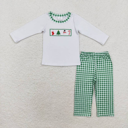 BLP0603 Snowman Embroidery White Top Checkered Pants Boys Christmas Clothes Set