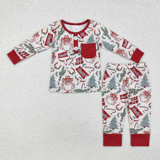 BLP0620 Santa Holly Howdy Print Boys Christmas Bamboo Pajamas Clothes Set