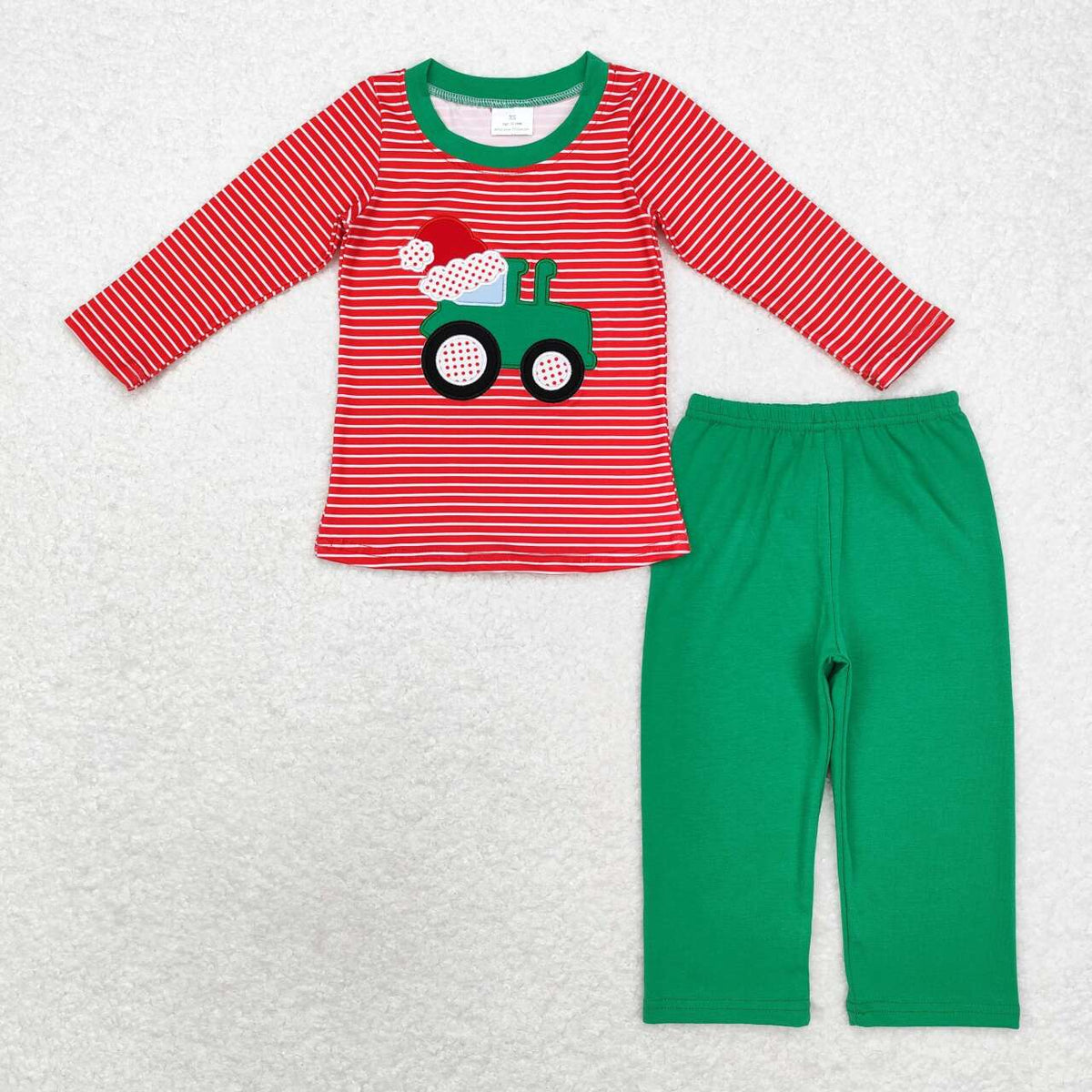 BLP0679 Tractor Embroidery Red Stripes Top Green Pants Boys Christmas Clothes Set