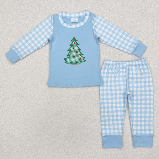 BLP0749 Tree Embroidery Blue Top Checkered Pants Boys Christmas Clothes Set