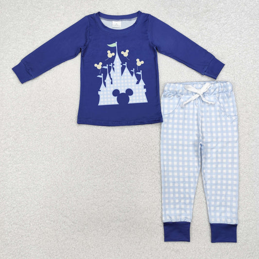 BLP0753 Cartoon Mouse Castle Blue Top Checkered Pants Boys Clothes Set