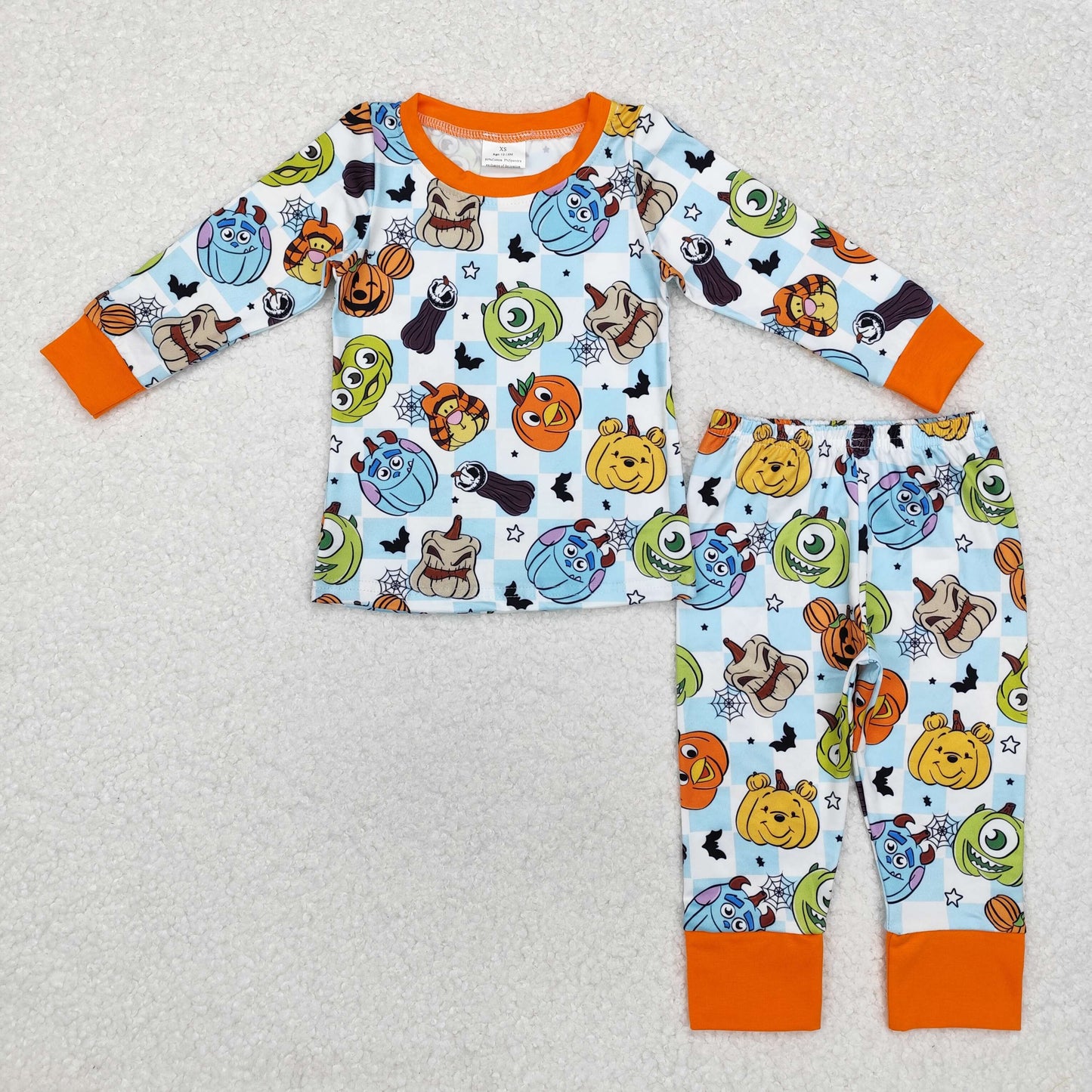 BLP0809 Cartoon Monster Checkered Print Boys Halloween Pajamas Clothes Set
