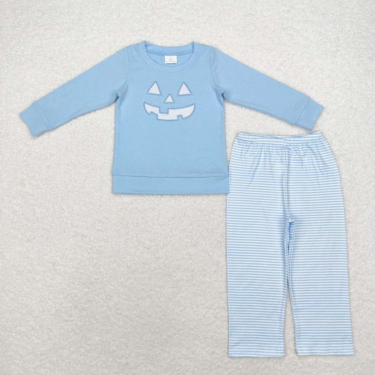 BLP0863 Smiling Face Embroidery Blue Top Stripes Pants Boys Halloween Clothes Set