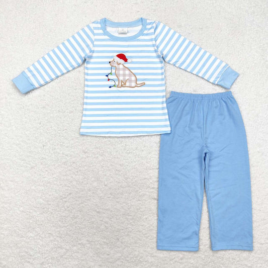 BLP0864 Dog Embroidery Stripes Top Blue Pants Boys Christmas Clothes Set
