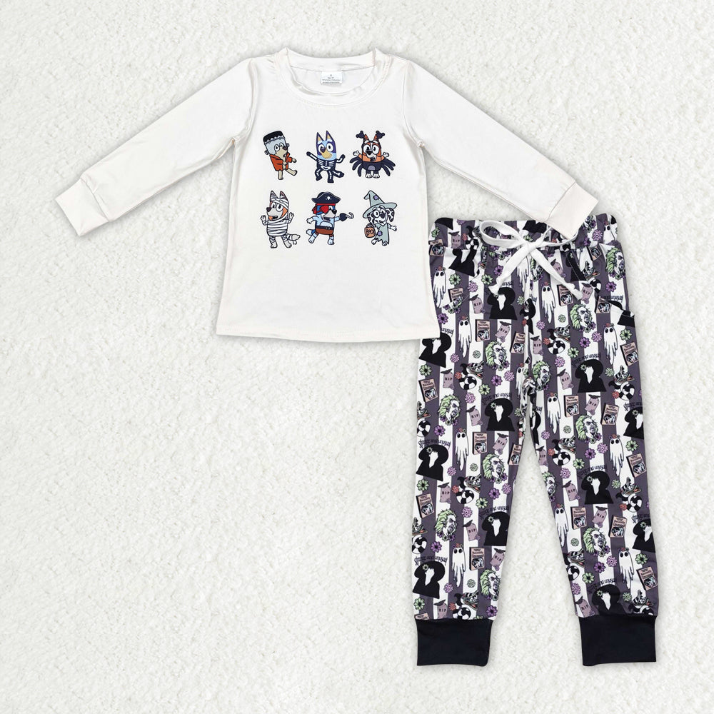 BLP0893 Cartoon Dog White Top Stripes Pants Boys Halloween Clothes Set