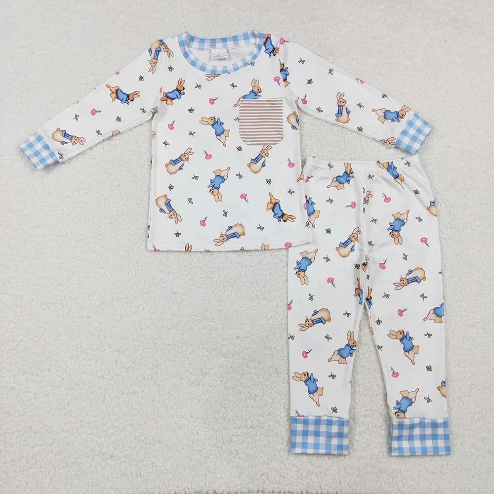 Sibling  Girls Boys Easter Bunny Pocket Long Sleeve Pajama Set