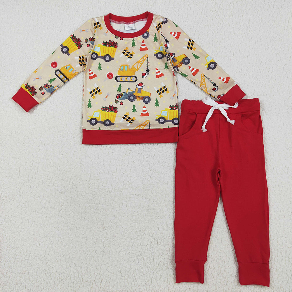BLP1073 Construction Tree Top Red Pants Boys Christmas Clothes Set