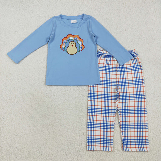 BLP1079 Turkey Embroidery Blue Top Checkered Pants Boys Thanksgiving Clothes Set