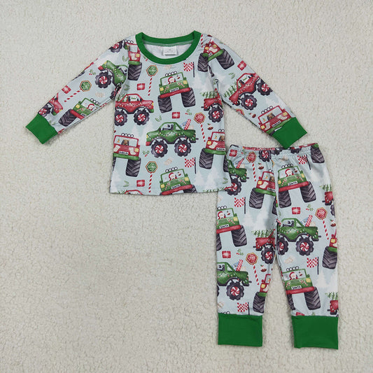 BLP1087 Monster Trucks Tree Holly Print Boys Christmas Pajamas Clothes Set
