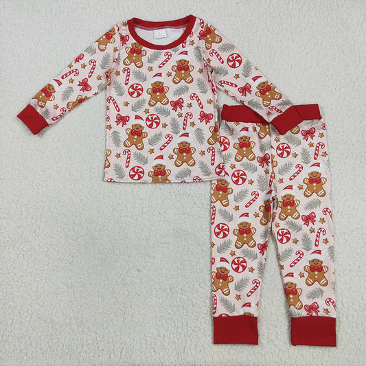 BLP1093 Gingerbread Candy Cane Bows Print Boys Christmas Pajamas Clothes Set