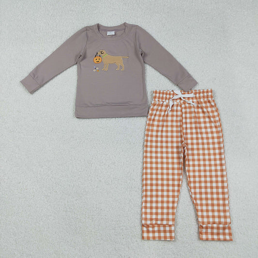 BLP1098 Dog Embroidery Top Checkered Pants Boys Halloween Clothes Set
