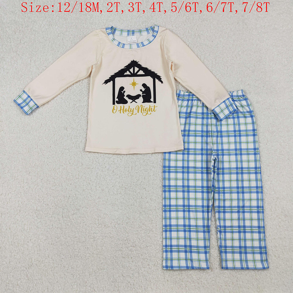 BLP1100 Nativity Top Checkered Pants Boys Christmas Clothes Set