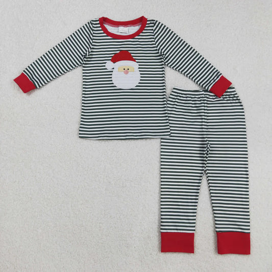 Embroidery Santa Sibling Baby Boys Stripes Shirt Top Pants Christmas Pajamas Sets