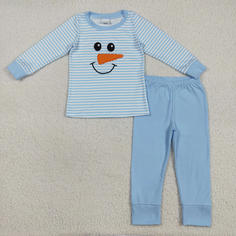 BLP1150 Snowman Smiling Embroidery Stripes Top Blue Pants Boys Christmas Pajamas Clothes Set