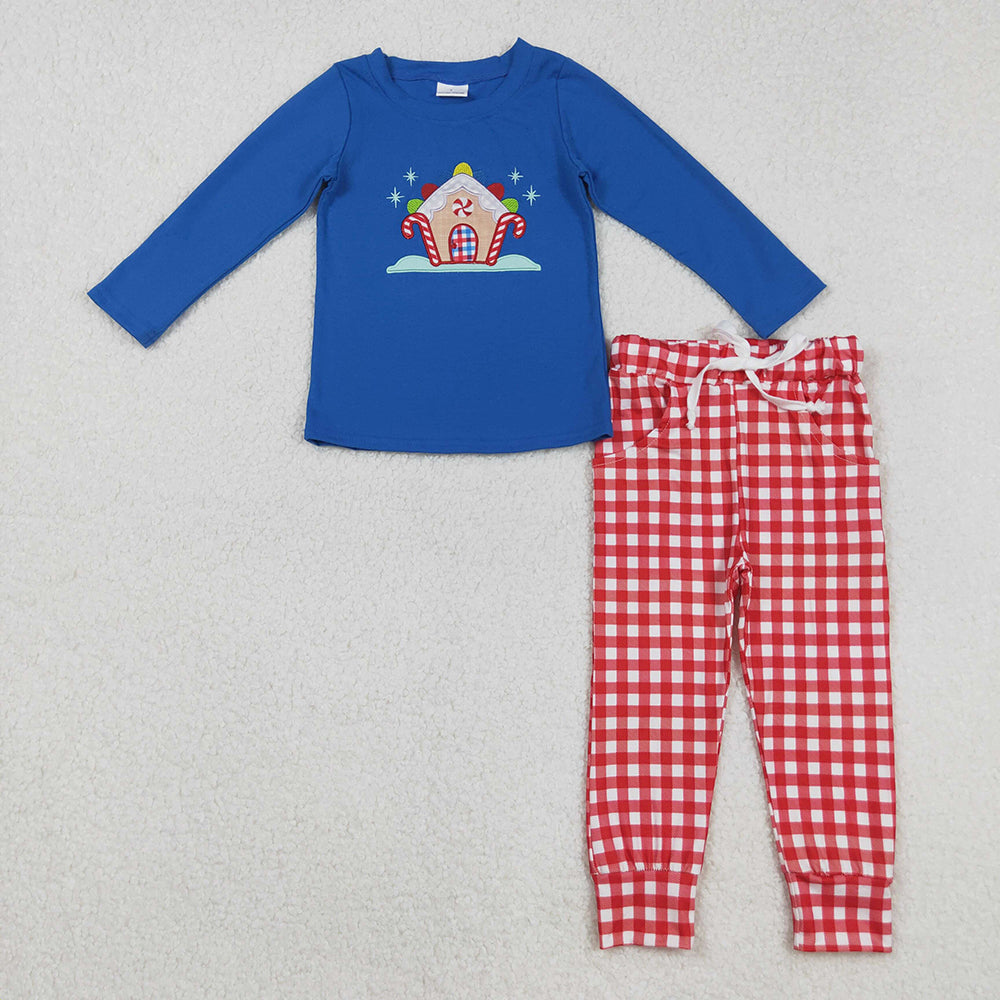 BLP1151 Candy House Embroidery Blue Top Checkered Pants Boys Christmas Clothes Set