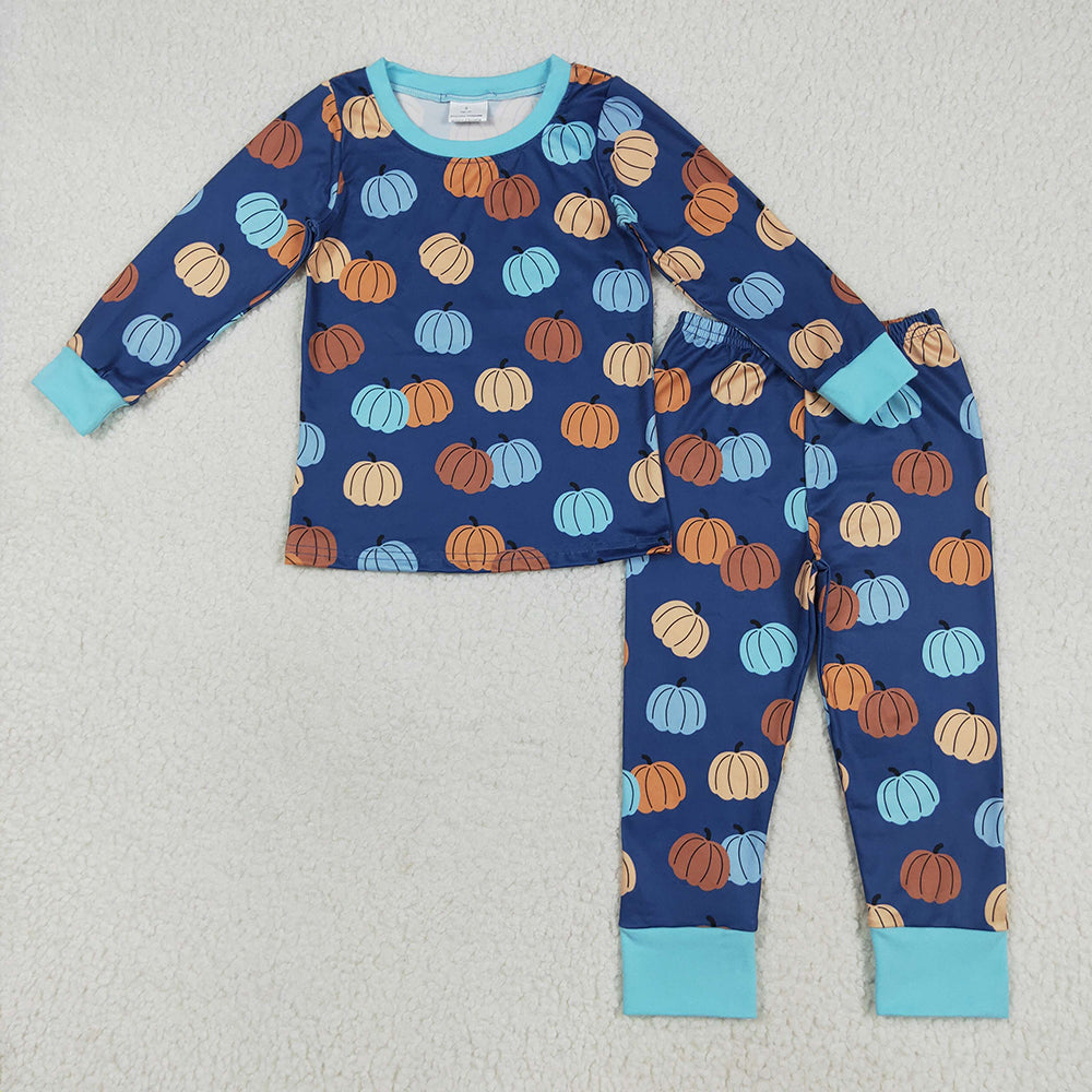 BLP1153 Pumpkin Blue Print Boys Fall Pajamas Clothes Set