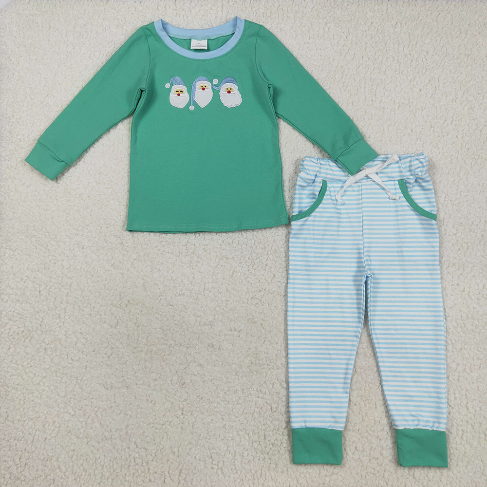 BLP1168 Santa Embroidery Green Top Stripes Pants Boys Christmas Clothes Set