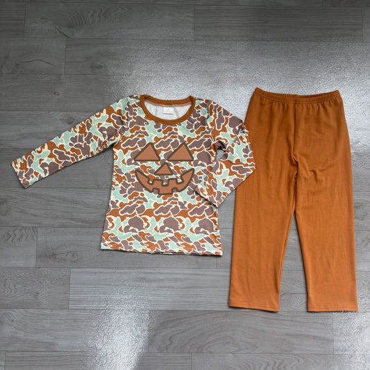 Preorder Baby Boys Embroidery Pumpkin Camo Long Sleeve Outfit