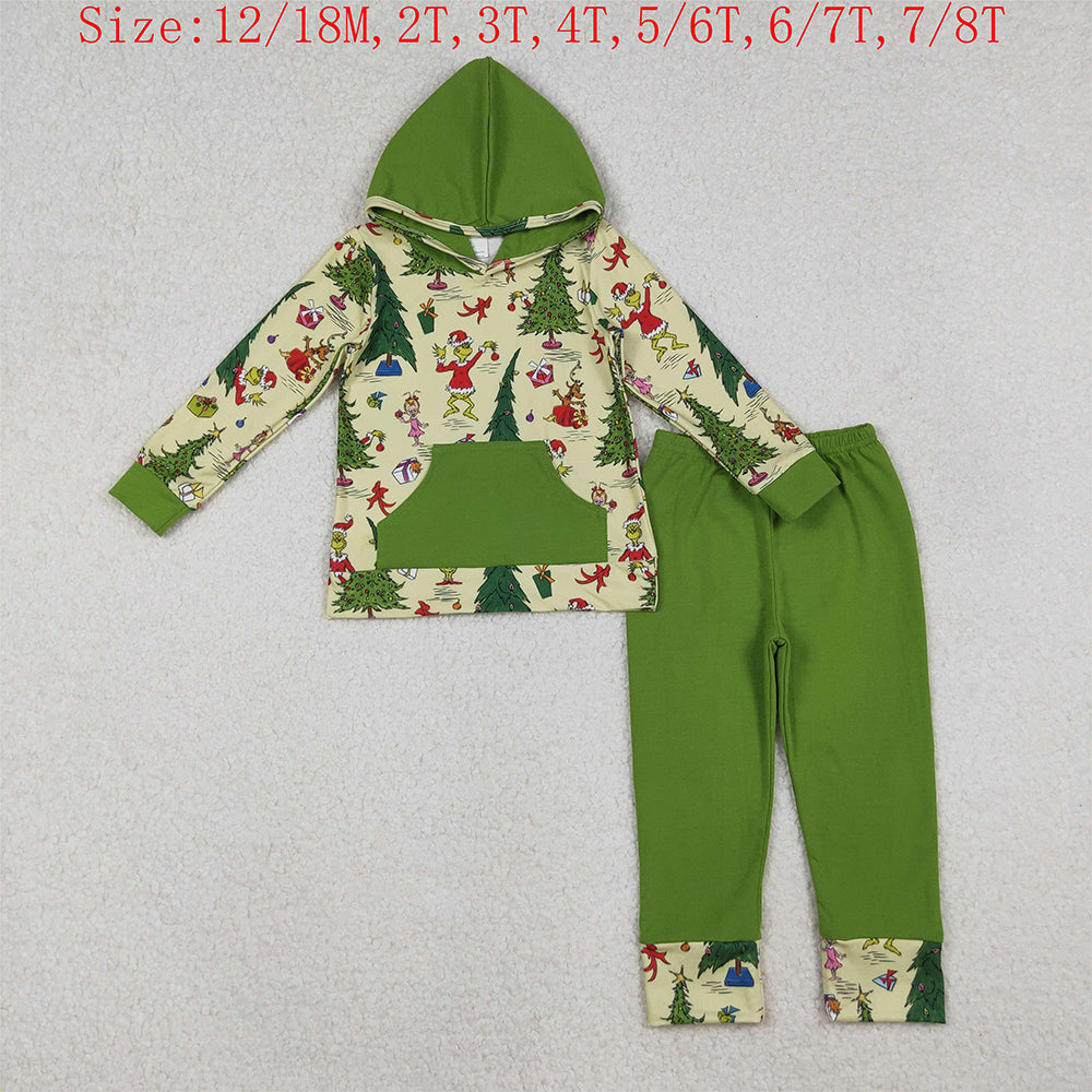 BLP1224 Green Frog Hoodie Top Green Pants Boys Christmas Clothes Set
