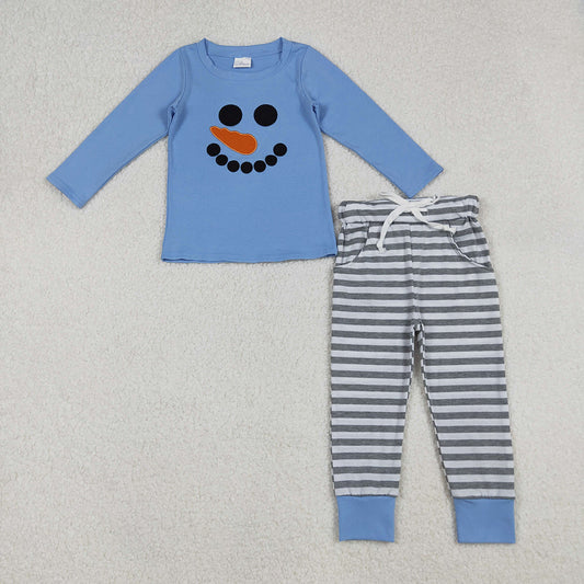 BLP1231 Snowman Smiling Embroidery Blue Top Stripes Pants Boys Christmas Clothes Set