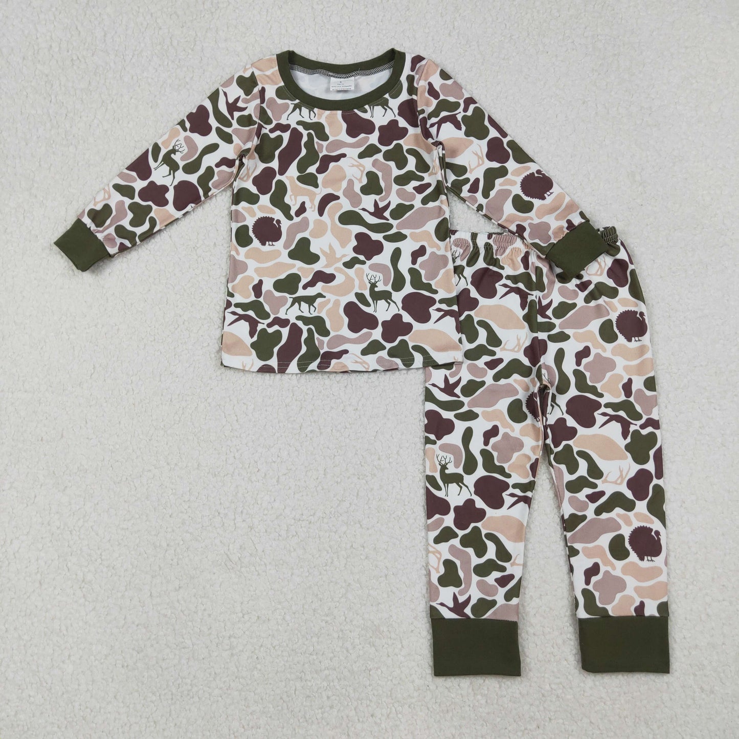 Sibling Boys Dark Green Camo Long Sleeve Pajama Set and Zipper Romper