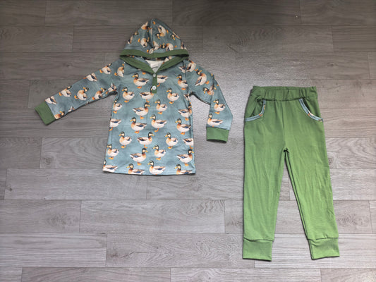 Preoder BLP1260 Baby Boys Mallard Duck Hoodie Top with Green Jogger Outfit