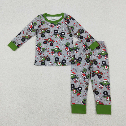 BLP1286 Monster Trucks Candy Cane Print Boys Christmas Pajamas Clothes Set