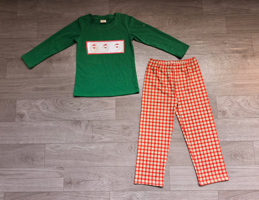 10.12 BLP1288 Preorder Kids Boys Embroidery Christmas Santa Green Top Plaid Pants Outfit