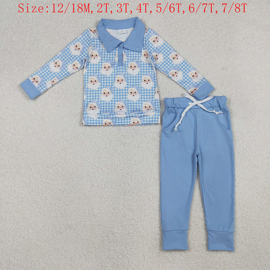 BLP1295 Santa Checkered Polo Top Blue Pants Boys Christmas Clothes Set