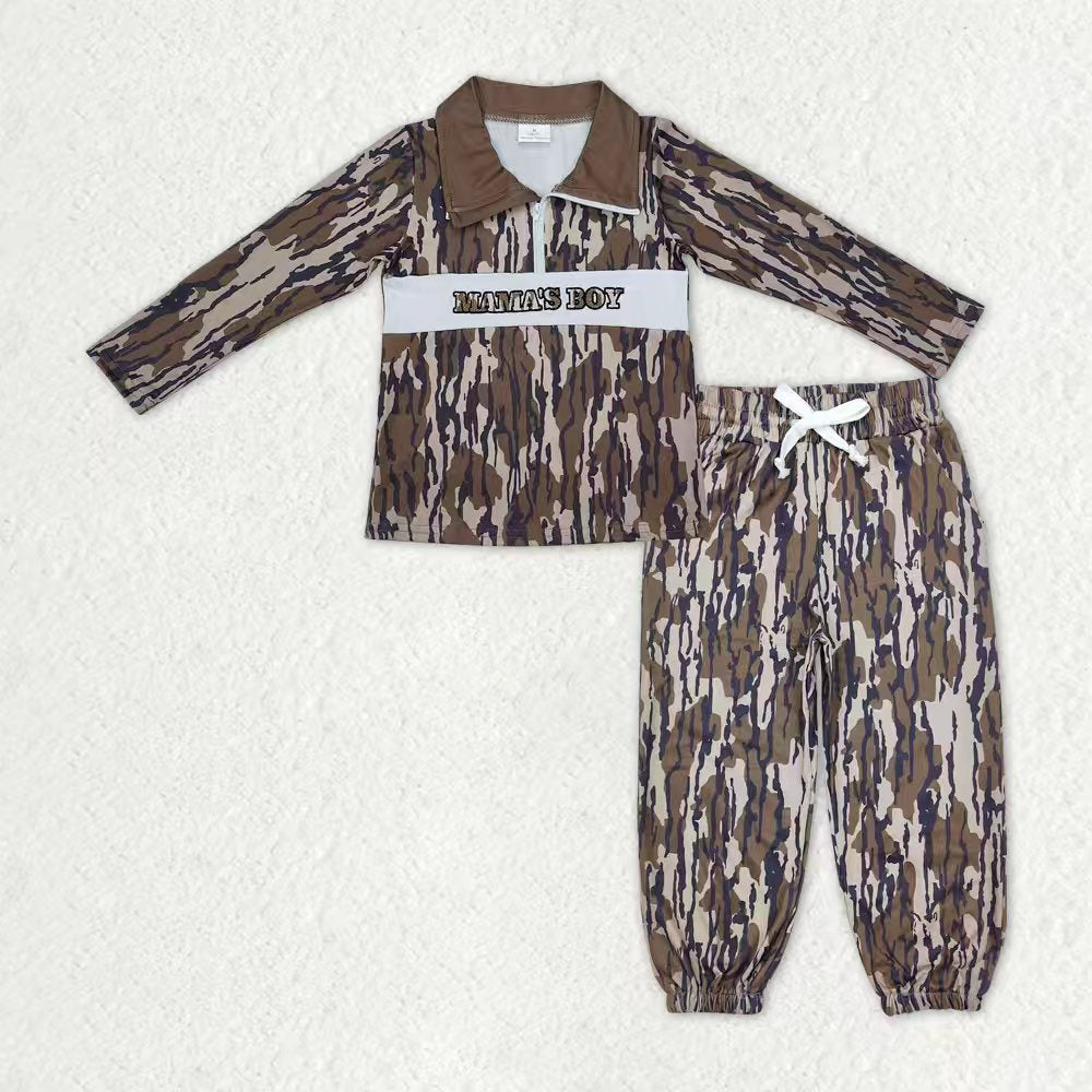Sibling  baby Boys Camo Embroidery Duck Dog Zipper Pullover Top Jogger Hunting Outfit
