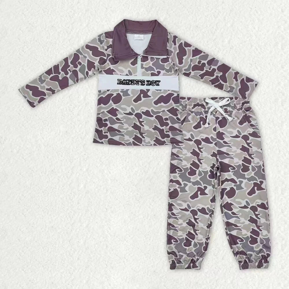 Sibling  baby Boys Camo Embroidery Duck Dog Zipper Pullover Top Jogger Hunting Outfit