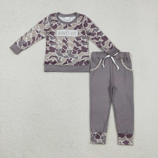 Sibling Baby Boys Embroidery Mama's Boy Grey Camo Pockets Pant Clothes Sets Hoodie Romper