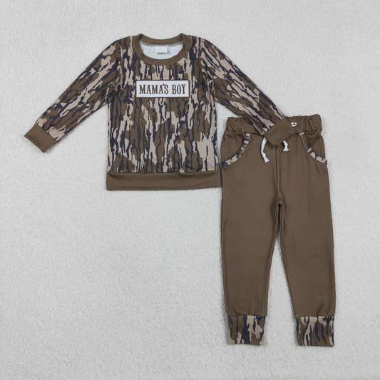 Sibling Baby Boys Embroidery Mama's Boy Olive Camo Pockets Pant Clothes Sets Hoodie Romper