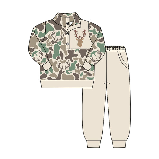 4.15 BLP1421 Preorder Deer Green Brown Camo Pullover Top Pockets Pants Boys Clothes Set