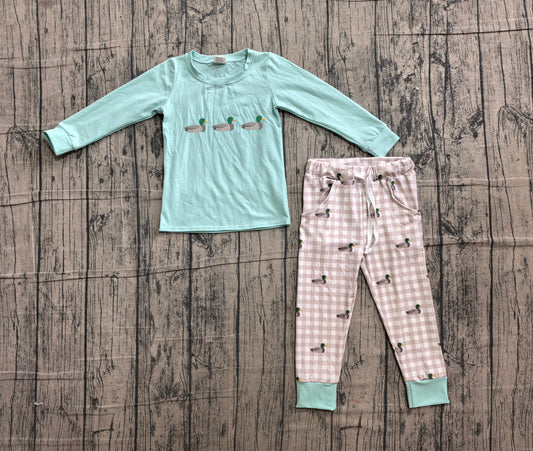 Toddler Boys Duck Light Blue Long Sleeve  Top with Gingham Pants Outfit Preorder
