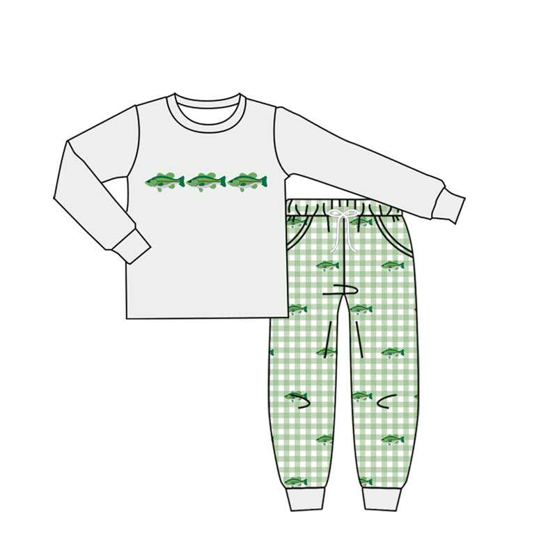 4.16 Toddler Boys Fish Grey Long Sleeve  Top with Gingham Pants Outfit Preorder