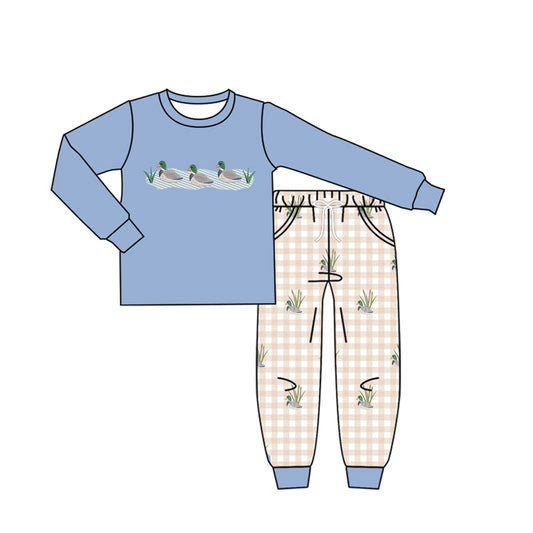 4.16 Toddler Boys Duck Blue Long Sleeve  Top with Gingham Pants Outfit Preorder