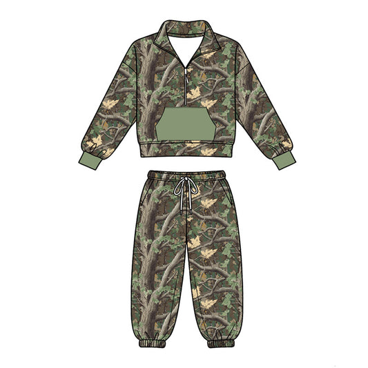 4.18Green Camo Girl Outfit -Long Sleeve Pullover Top with Jogger Pants Set Preorder