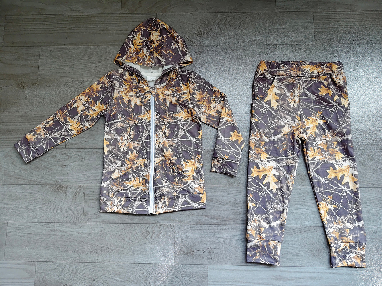 4.20 BLP1439 Preorder Branch Camo Print Zipper Hoodie Top Pockets Pants Boys Fall Hunting Clothes Set