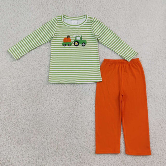 Sibling Baby Boys Embroidery  Pumpkin Truck Striped Outfit +Romper