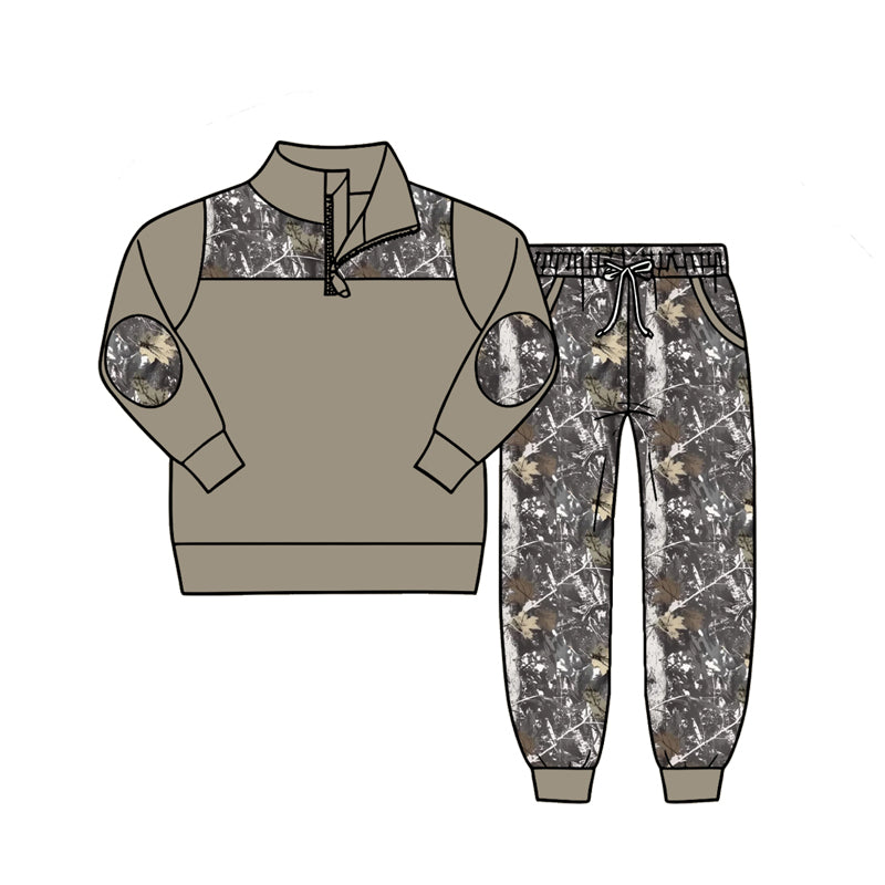 4.27 Boys Grey Fall Camo Outfit - Woodland Print Quarter Zip Sweatshirt & Joggers