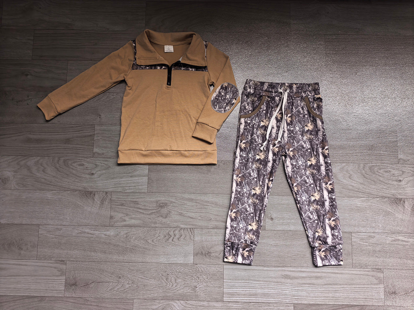 4.27 BLP1446 Preorder Brown Zipper Pullover Top Branch Pants Boys Fall Hunting Clothes Set