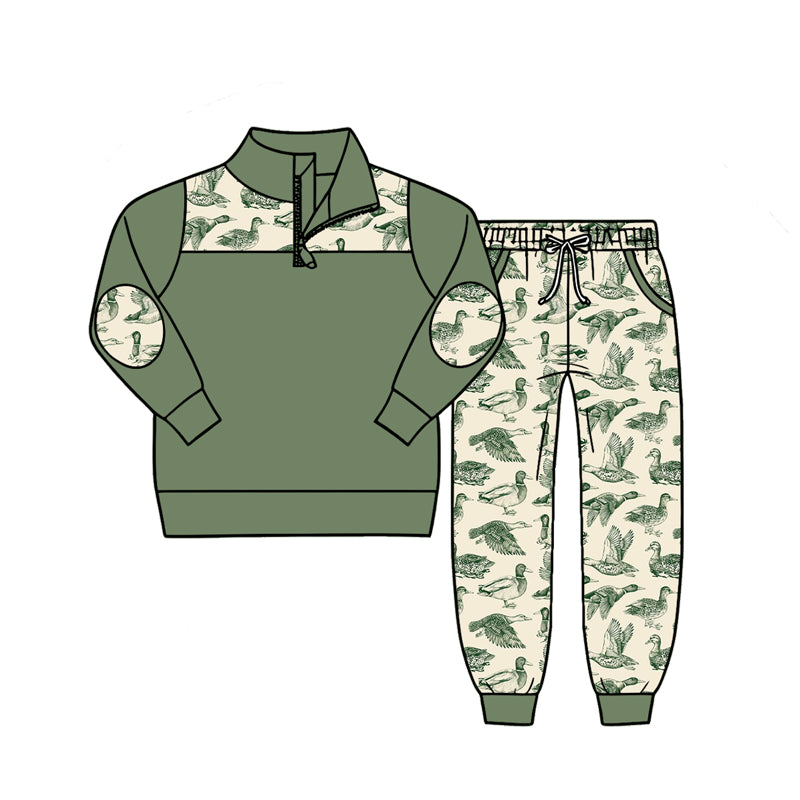 4.27 Boys Mallard Duck Print Outfit - Green Quarter Zip Sweatshirt & Duck Jogger Pants Preorder