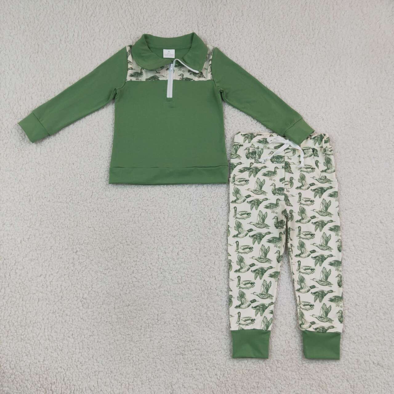 BLP1449 Green Zipper Pullover Top Duck Pockets Pants Boys Fall Clothes Set